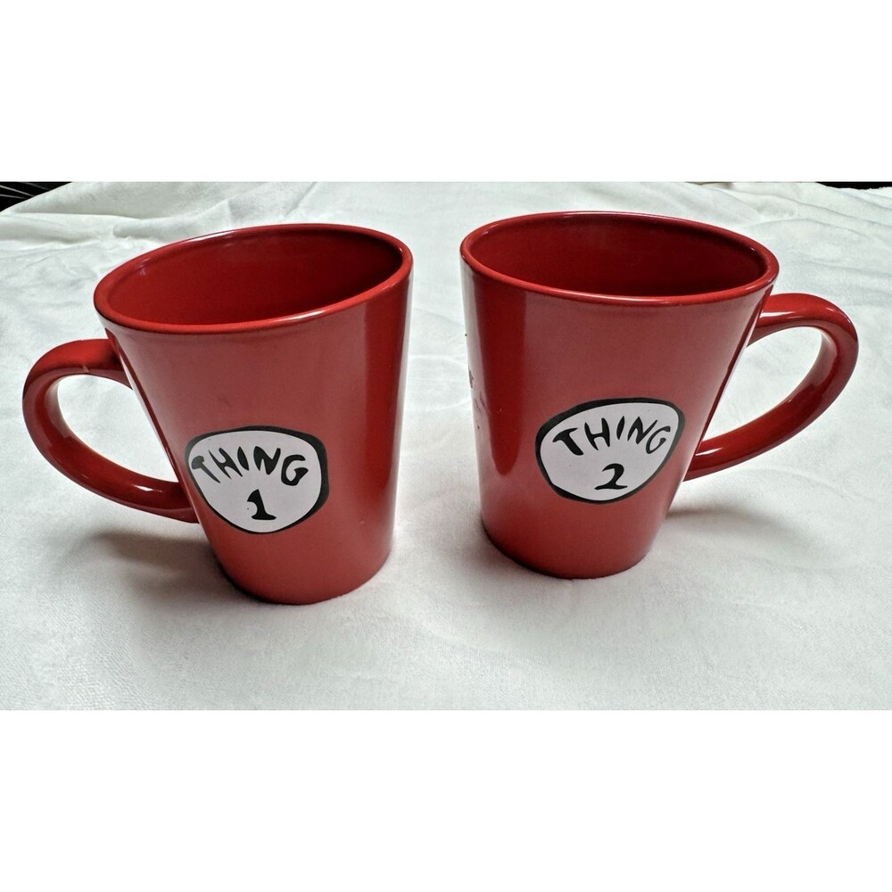 Set of Dr. Seuss Thing 1 & Thing 2 Red Ceramic Mugs Cups 12 oz